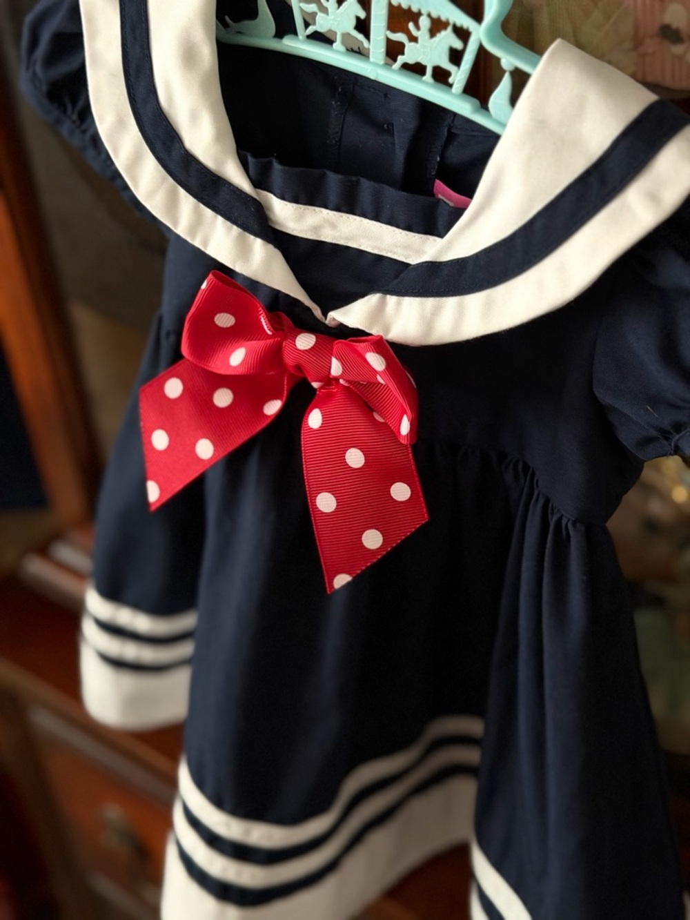 Good Lad Navy and White Sailor Dress for baby girl with Red Bow - Picture 3 of 5